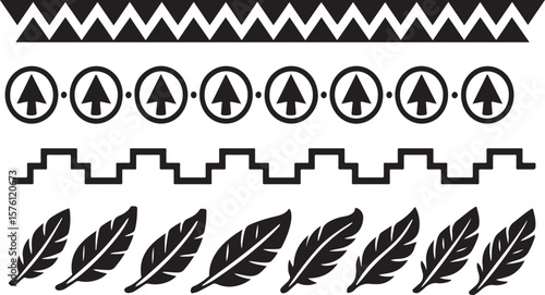 Collection of indigenous american inspired graphic design elements featuring a zigzag border circular arrow motifs step pattern and feather illustrations in black and white