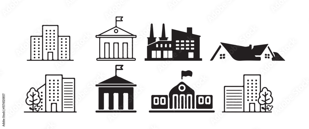 Obraz premium Set of Modern Industrial and Commercial Building Icons in Black and White. Victor illustration eps10