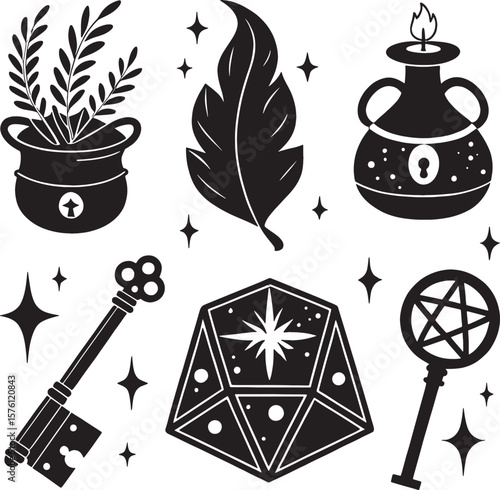 Mystical symbols collection featuring a plant pot feather candle key d20 die and pentagram wand