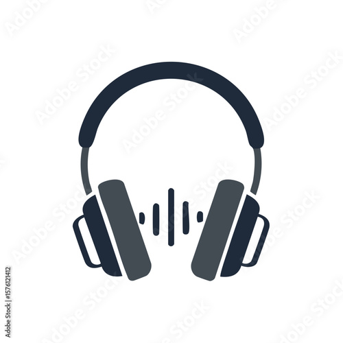 Stylized headphones illustration with audio wave icon between earcups