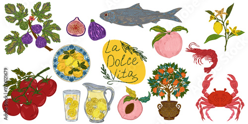 The Dolce Vita collection is a whimsical, detailed collection of colorful elements with textured outlines, inspired by the Mediterranean lifestyle. Sketchy, hand-drawn style. Set