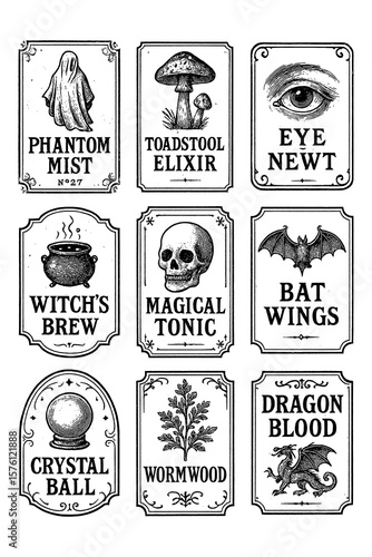 Vintage Witchcraft Potion Labels Transparent PNG, Magic Elixirs, Occult Remedies, Apothecary Stickers, Retro Engraving Style, Halloween Spells, Witch Bottle Clipart Collection