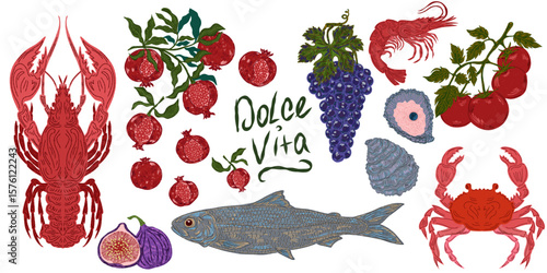 The Dolce Vita collection is a whimsical, detailed collection of colorful elements with textured outlines, inspired by the Mediterranean lifestyle. Sketchy, hand-drawn style. Set