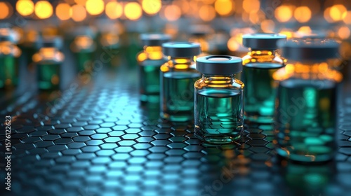 Medical vials lined up on a futuristic honeycomb surface.