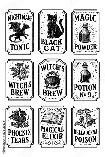 Vintage Witchcraft Potion Labels Transparent PNG, Magic Elixirs, Occult Remedies, Apothecary Stickers, Retro Engraving Style, Halloween Spells, Witch Bottle Clipart Collection