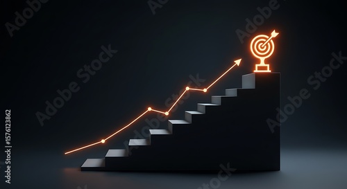 Conceptual illustration of a glowing arrow path leading to a target on top of stairs.