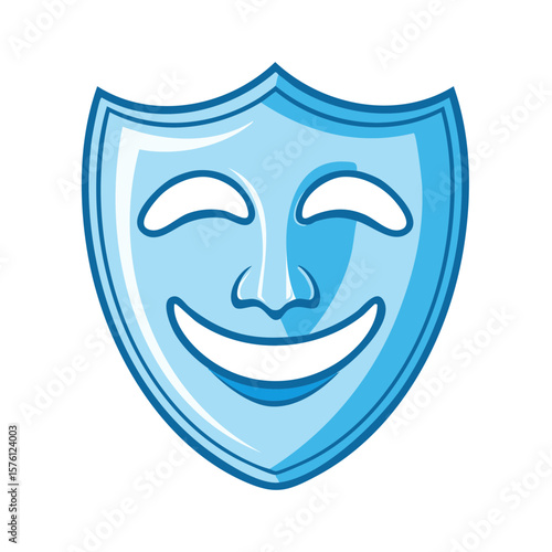 Smiling blue theatrical mask featuring a happy expression and cartoon graphic style isolated on white background
