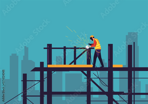 Construction Worker Welding Metal on Scaffolding with Safety Gear.