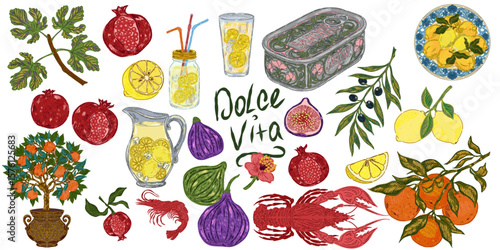 The Dolce Vita collection is a whimsical, detailed collection of colorful elements with textured outlines, inspired by the Mediterranean lifestyle. Sketchy, hand-drawn style. Set
