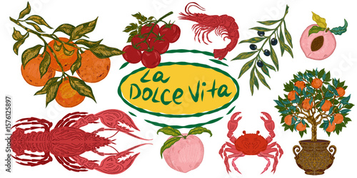 The Dolce Vita collection is a whimsical, detailed collection of colorful elements with textured outlines, inspired by the Mediterranean lifestyle. Sketchy, hand-drawn style. Set