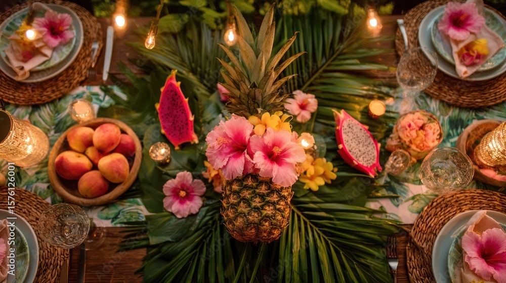 Fototapeta premium Festive tabletop setting with tropical fruits, flowers and palm fronds for a vibrant party