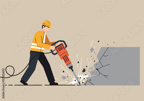 Construction Worker Using Jackhammer to Demolish Concrete.