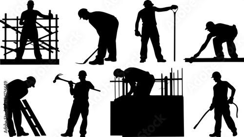 "A collection of black silhouettes showing various stages of construction work—demolition, groundwork, structural assembly, electrical wiring. Workers are depicted from the waist up, holding realistic