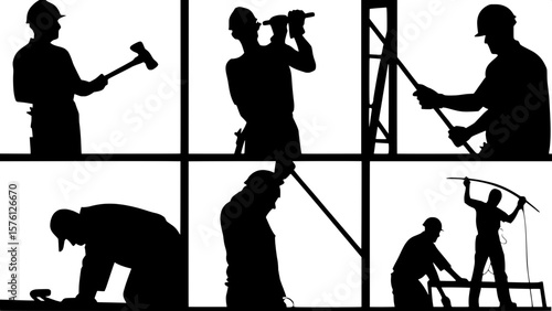 "A collection of black silhouettes showing various stages of construction work—demolition, groundwork, structural assembly, electrical wiring. Workers are depicted from the waist up, holding realistic