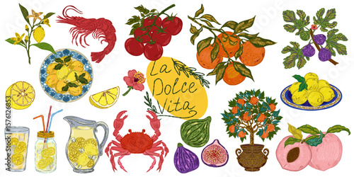 The Dolce Vita collection is a whimsical, detailed collection of colorful elements with textured outlines, inspired by the Mediterranean lifestyle. Sketchy, hand-drawn style. Set