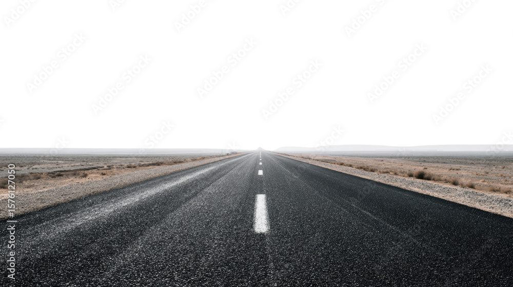 Obraz premium Empty road stretching towards the horizon, clear sky and sandy landscape, perfect for adventure themes.