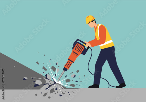 Construction Worker Using Jackhammer Breaking Concrete with Explosive Force Vector Illustration.