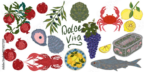 The Dolce Vita collection is a whimsical, detailed collection of colorful elements with textured outlines, inspired by the Mediterranean lifestyle. Sketchy, hand-drawn style. Set