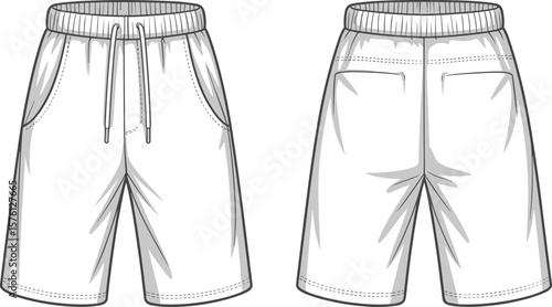 Men's white drawstring shorts, elastic waistband, side and back pockets, casual summer fashion design, front and back technical view