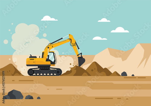 Yellow Excavator Digging Powerful Hydraulic Arm Tracked Undercarriage Earthmoving Operation.