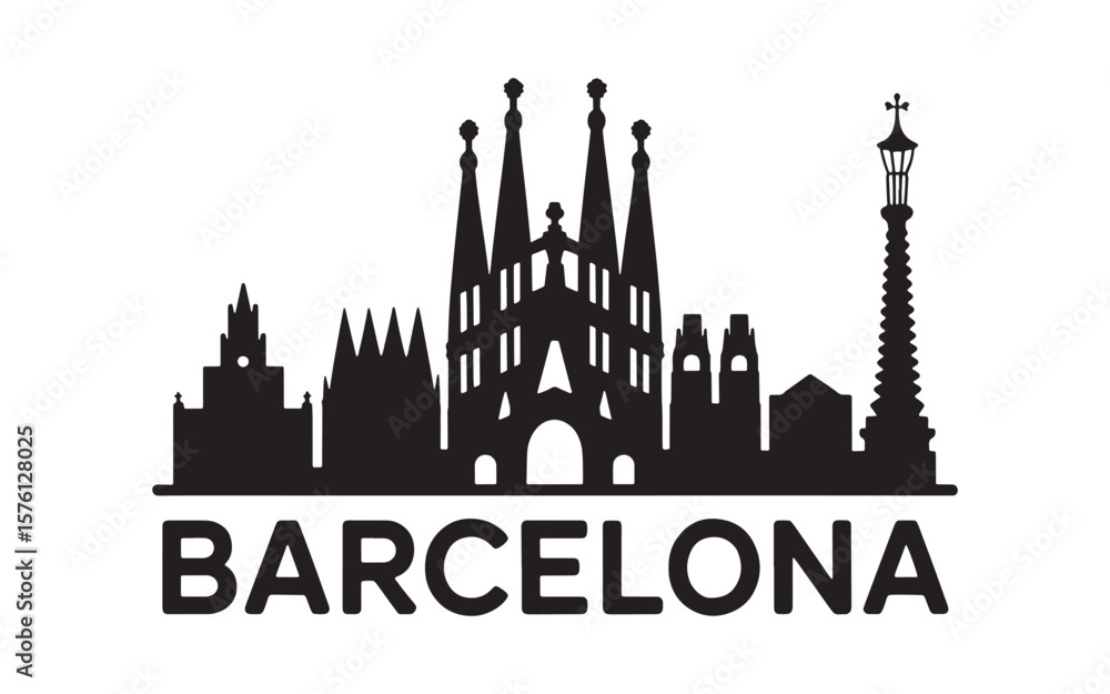 Fototapeta premium Striking Silhouette of Barcelona City Skyline A Minimalist Black and White Vector Graphic Depicting Iconic Architecture and Urban Identity