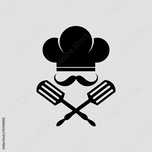 Chef hat logo with mustache and crossed spatulas, perfect for restaurant branding, kitchen services, food blogs, cooking classes, or culinary identity.