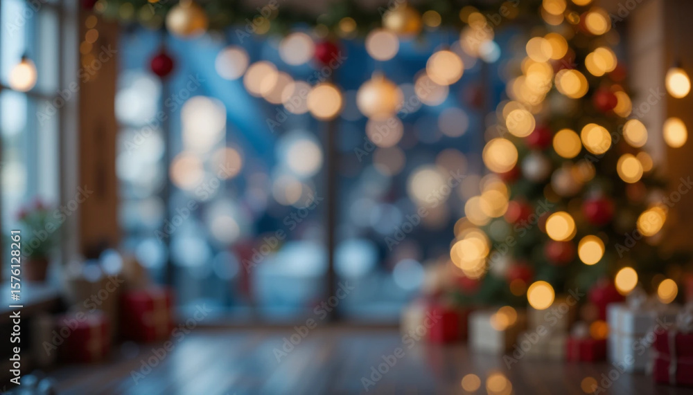 Closeup blur Christmas banner interior bokeh light background for your photo montage or product display Closeup blur Christmas banner interior bokeh light background for your photo montage or product display