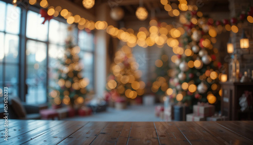 Closeup blur Christmas banner interior bokeh light background for your photo montage or product display