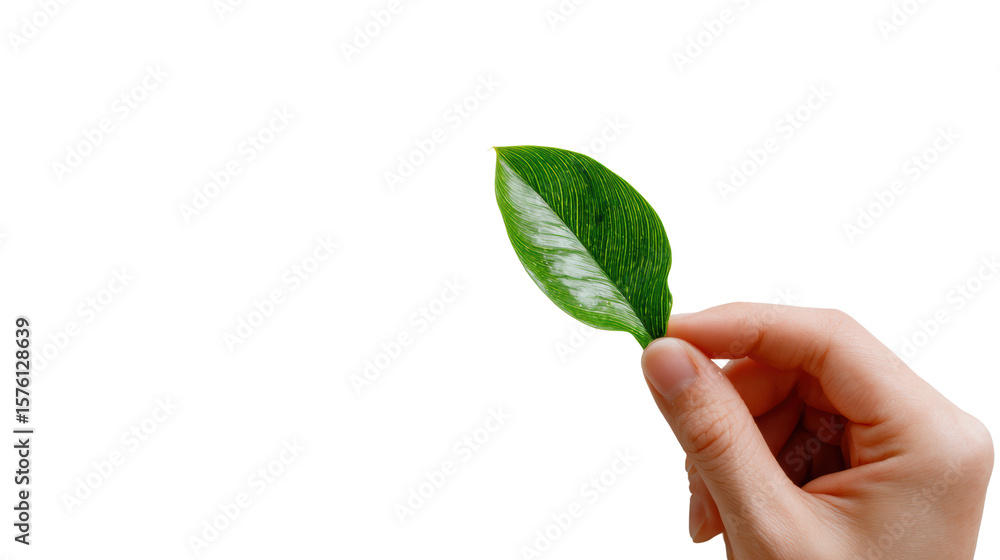 Hand holding a green leaf, symbolizing nature and freshness against a white background. Hand holding a green leaf, symbolizing nature and freshness against a white background.