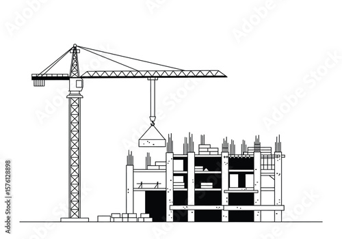 Tower Crane Lifting Concrete Block to Multi-Story Building Under Construction.