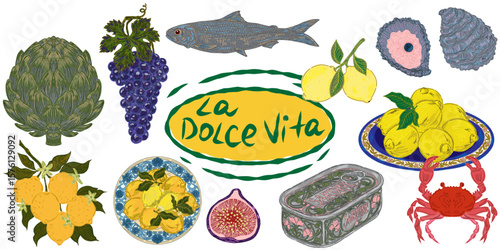 The Dolce Vita collection is a whimsical, detailed collection of colorful elements with textured outlines, inspired by the Mediterranean lifestyle. Sketchy, hand-drawn style. Set
