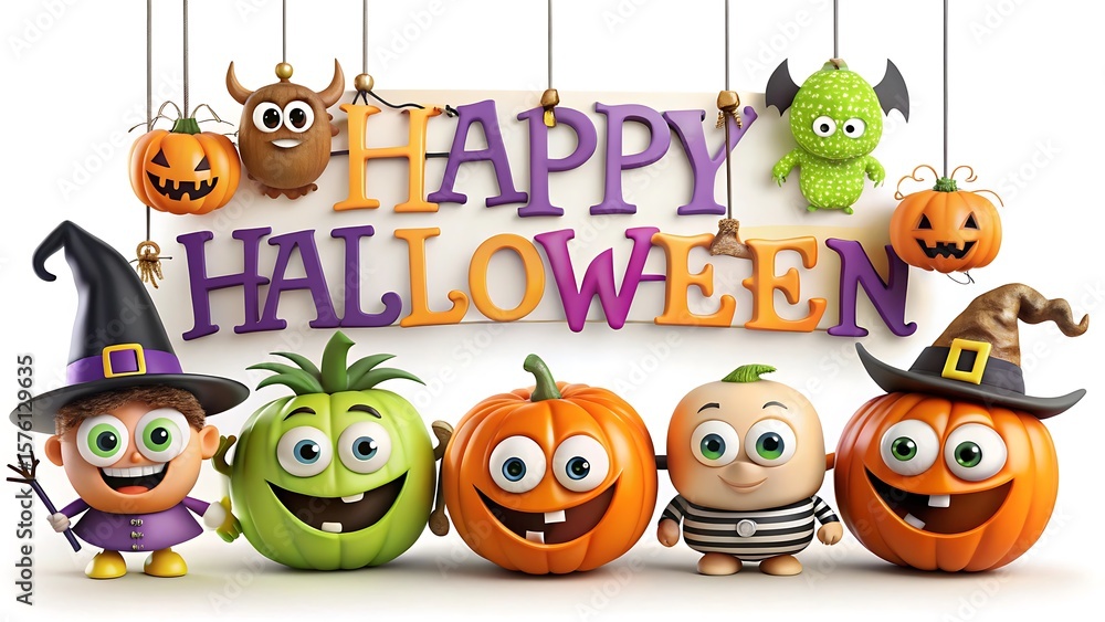 Fototapeta premium Happy halloween with cute cartoon characters and pumpkins on transparent background