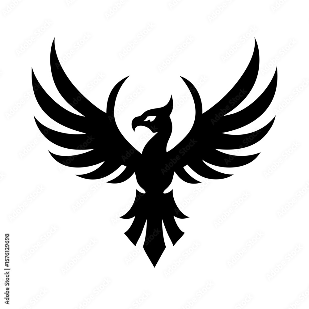 Obraz premium Flying phoenix or eagle silhouette logo with spread wings in tribal style, perfect for tattoo design, branding, mythology themes, power symbol, or fantasy bird illustrations.