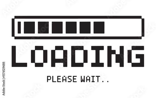 Pixelated Loading Bar with the Text Loading Please Wait in Black and White Retro Style