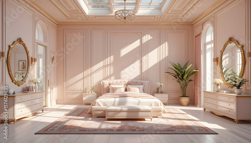 Wallpaper Mural Generative AI illustration of large luxury bedroom with powdery pastel colors walls with luxury furniture of bedroom and sunbeams Torontodigital.ca