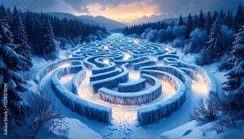 Winter maze in snowy forest at sunset (1)