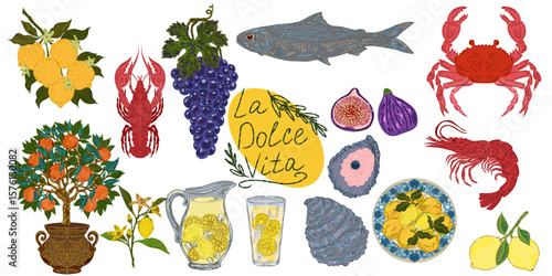 The Dolce Vita collection is a whimsical, detailed collection of colorful elements with textured outlines, inspired by the Mediterranean lifestyle. Sketchy, hand-drawn style. Set