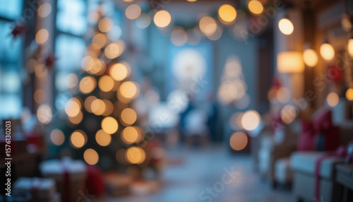 Closeup blur Christmas banner interior bokeh light background for your photo montage or product display