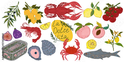 The Dolce Vita collection is a whimsical, detailed collection of colorful elements with textured outlines, inspired by the Mediterranean lifestyle. Sketchy, hand-drawn style. Set