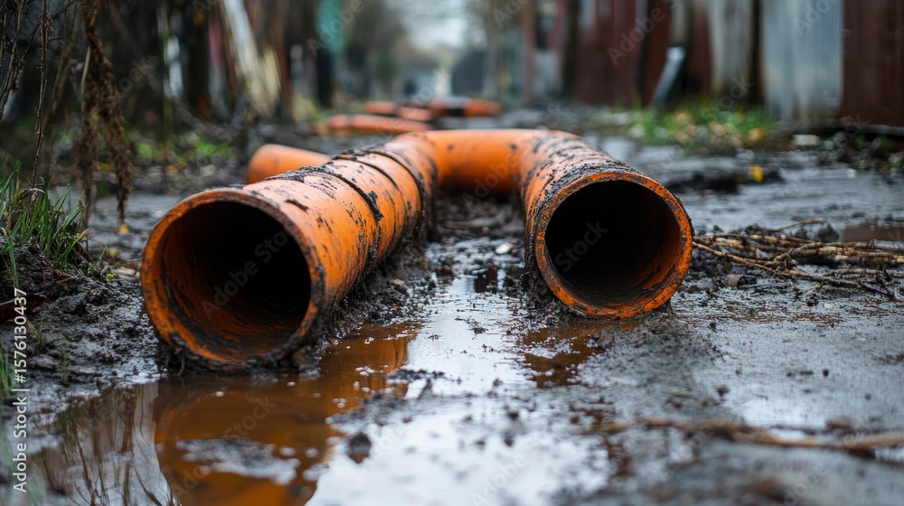 Orange drainage pipes lie in mud puddle, near buildings. Orange drainage pipes lie in mud puddle, near buildings.