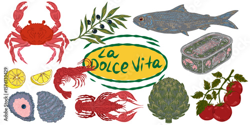 The Dolce Vita collection is a whimsical, detailed collection of colorful elements with textured outlines, inspired by the Mediterranean lifestyle. Sketchy, hand-drawn style. Set