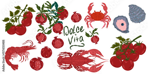 The Dolce Vita collection is a whimsical, detailed collection of colorful elements with textured outlines, inspired by the Mediterranean lifestyle. Sketchy, hand-drawn style. Set