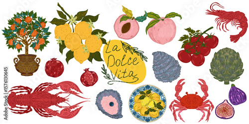 The Dolce Vita collection is a whimsical, detailed collection of colorful elements with textured outlines, inspired by the Mediterranean lifestyle. Sketchy, hand-drawn style. Set
