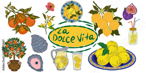 The Dolce Vita collection is a whimsical, detailed collection of colorful elements with textured outlines, inspired by the Mediterranean lifestyle. Sketchy, hand-drawn style. Set