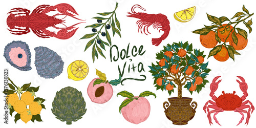 The Dolce Vita collection is a whimsical, detailed collection of colorful elements with textured outlines, inspired by the Mediterranean lifestyle. Sketchy, hand-drawn style. Set
