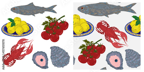 The Dolce Vita collection is a whimsical, detailed collection of colorful elements with textured outlines, inspired by the Mediterranean lifestyle. Sketchy, hand-drawn style. Set