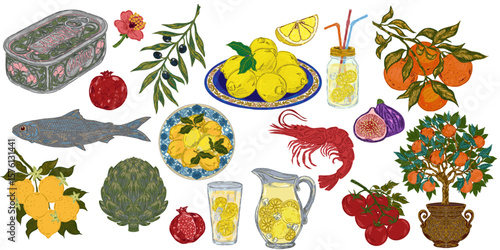 The Dolce Vita collection is a whimsical, detailed collection of colorful elements with textured outlines, inspired by the Mediterranean lifestyle. Sketchy, hand-drawn style. Set