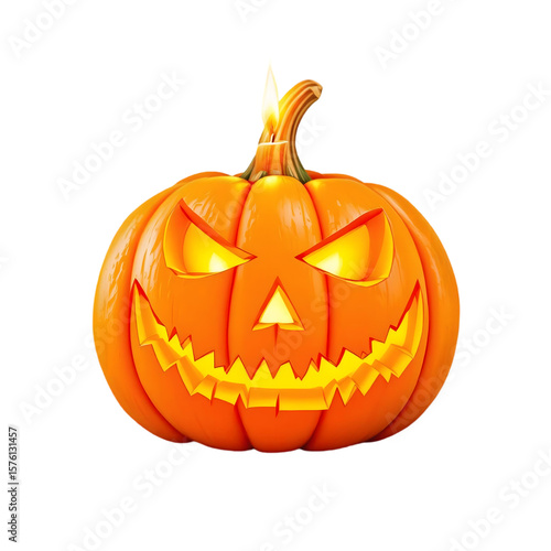 bright orange pumpkin carved into spooky lantern with flickering candle glowing inside