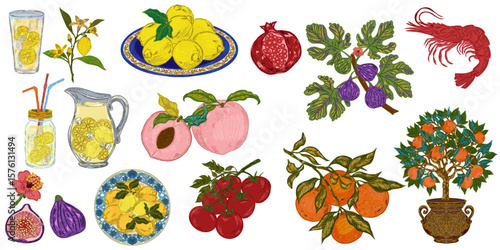 The Dolce Vita collection is a whimsical, detailed collection of colorful elements with textured outlines, inspired by the Mediterranean lifestyle. Sketchy, hand-drawn style. Set