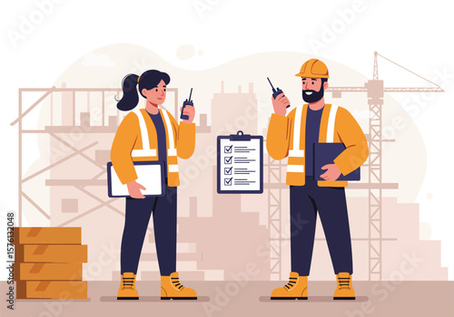 Construction Workers Holding Walkie-Talkies and Clipboards Ready to Work.